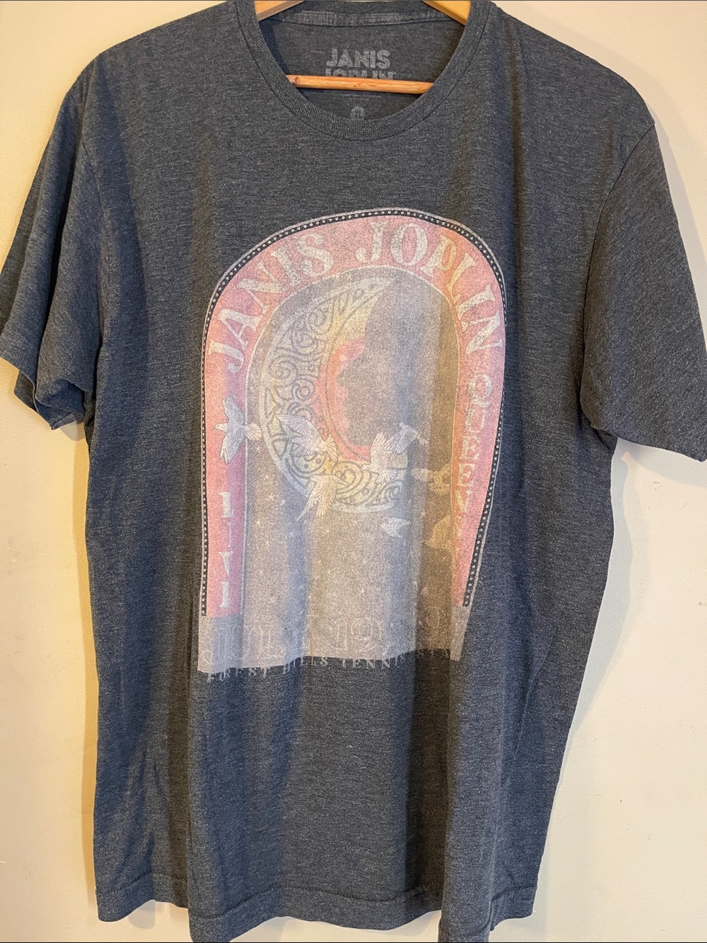 Graphic Grey Tee with Arched Vinyl Album Cover Art Vintage Print Janice Joplin